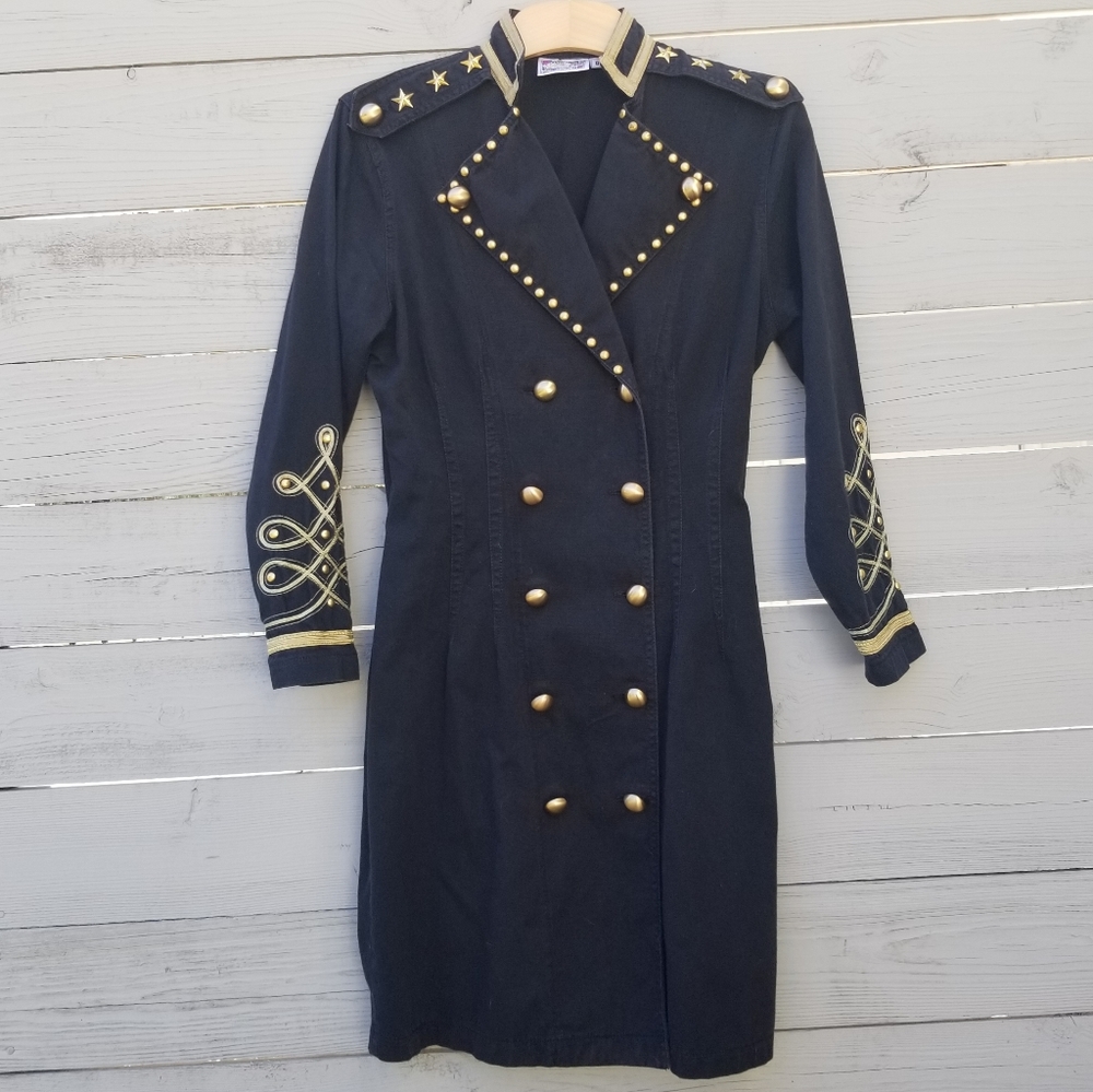 Vintage Monique Fashions Double Breasted Military Steampunk Blazer Dress Black